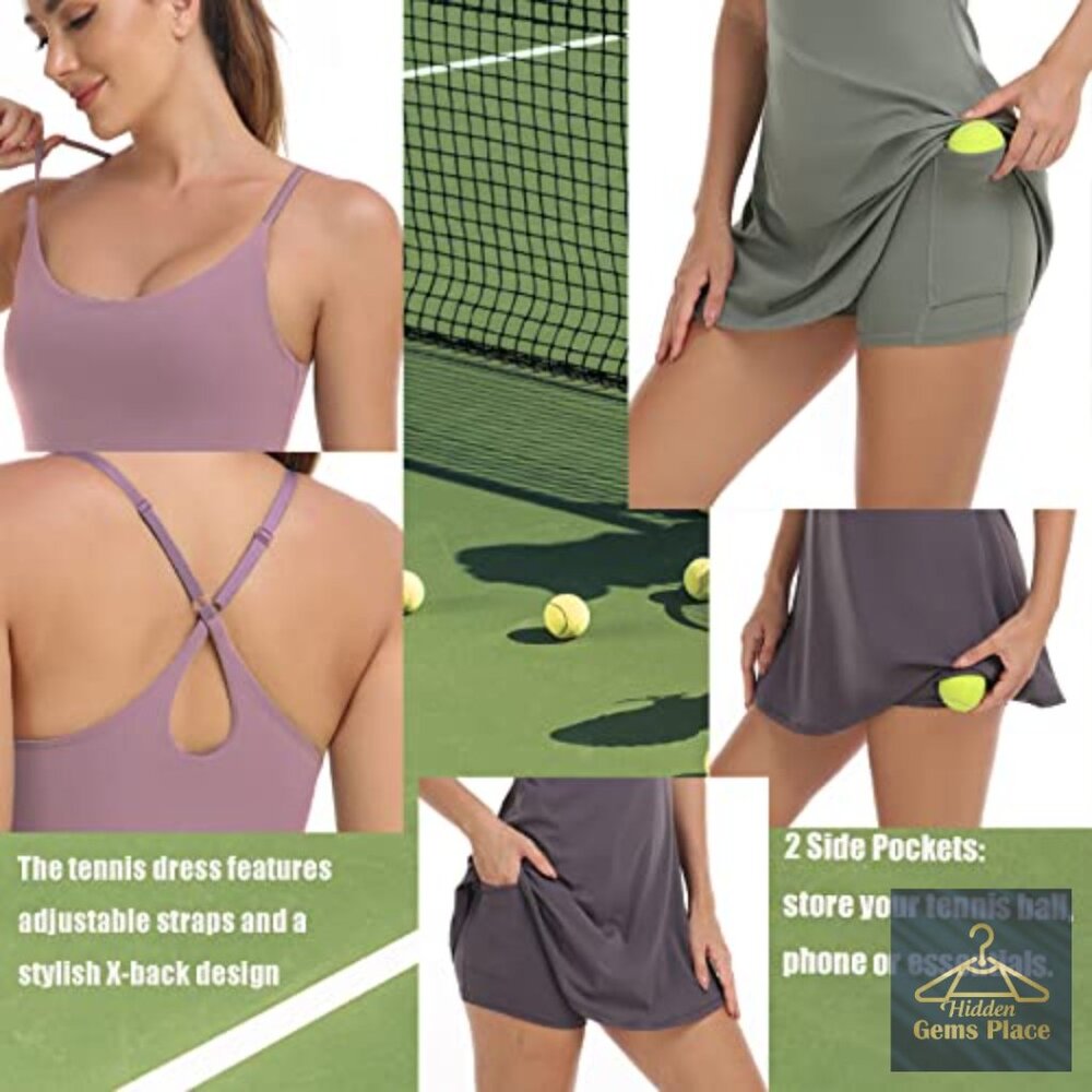 Sleeveless Athletic Dress with Built-in Shorts, Adjustable Straps, Pockets - Picture 5 of 7